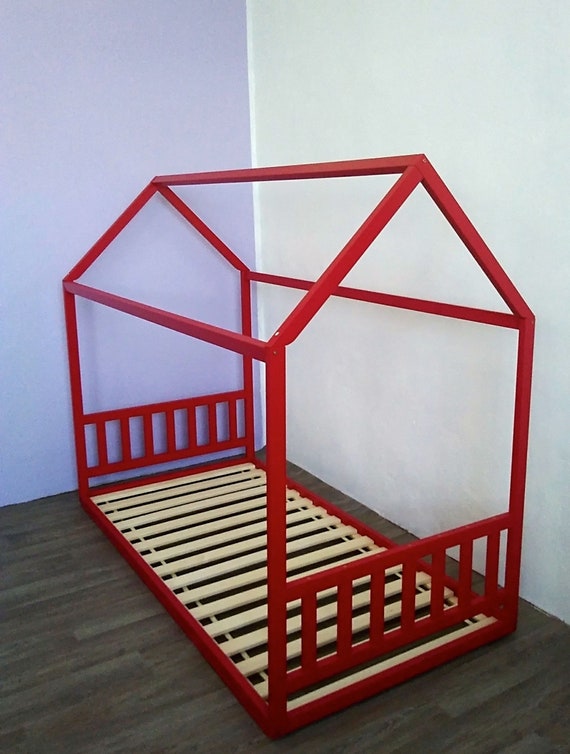 Painted toddler house bed, Montessori floor bed.