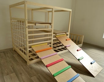 Kid's Bed-Gym-Climbing frame! All in one!  SLATS add in OPTIONS, waxed or painted, Montessori bed, floor bed, https://home4dreams.com