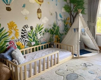 Cama para niños pequeños con listones, cama Montessori, cama de piso, cama de piso para niños pequeños, cama para niños, muebles para niños, muebles para niños pequeños, www.home4dreams.com