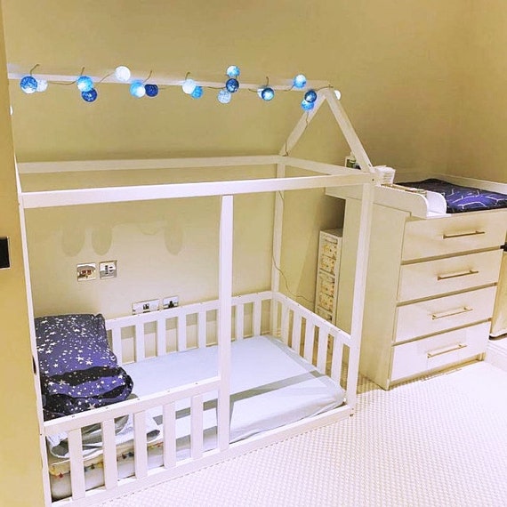 Painted with eco paint toddler house bed with slats, Montessori floor bed, wood bed, children bed, kids bedroom, floor bed