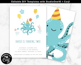 Editable Octopus Birthday Invitation Octopus Party Octopus Invite Riding Under The Sea Birthday Invitation Ocean Birthday Sea Life Fish OT01
