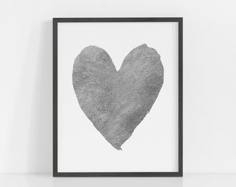 Heart Print, Heart Wall Art, Silver Foil Heart Print, Nursery Wall Art, Teen Art, Kids Room Wall Art, Tween Art, Baby Room Love Print, Heart