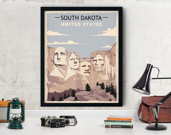 South Dakota Mt. Rushmore National Memorial Travel Poster, Vintage State Travel Poster, South Dakota Art Print, Mount Rushmore Poster