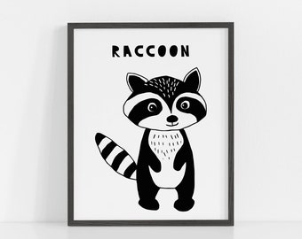 Raccoon Nursery Print, Raccoon Wall Art, Scandinavian Nursery Art, Animal Nursery Prints Modern Nursery Decor Kids Art Instant Download