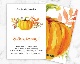 Pumpkin Birthday Invitation, Pumpkin Invitation, Pumpkin Party Invite, Little Pumpkin Invitation, First Birthday, Fall Invitation, PM01