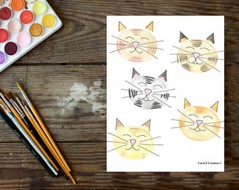 Instant download, original watercolor, cat face illustration