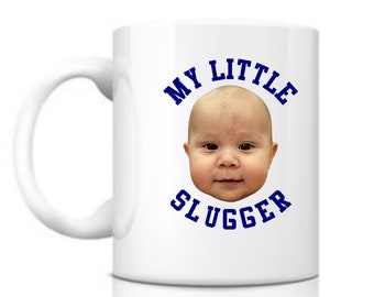 My little slugger personalized baseball baby photo 11oz white ceramic coffee mug