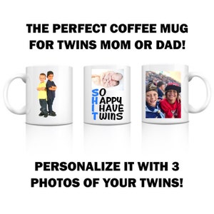 May include: Three white coffee mugs with different designs. The first mug has a photo of two young boys standing side by side. The second mug has a photo of two babies and the text "SO HAPPY HAVE TWINS". The third mug has a photo of two young boys wearing baseball caps and jerseys.
