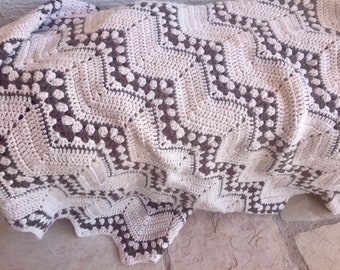 Soft Vintage 1970's Brown and Tan Chevron (Zig Zag) Afghan -- 68" x 52"
