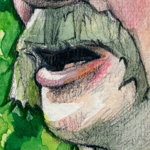 May include: A close-up of a painting of a person's face. The face is painted in shades of green, brown, and pink. The person's mouth is slightly open, and their teeth are visible. The painting is done in a loose, expressive style.