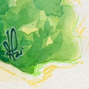 May include: Abstract watercolor painting with green, yellow, and white colors. The painting has a textured, organic look with a signature in the lower left corner.