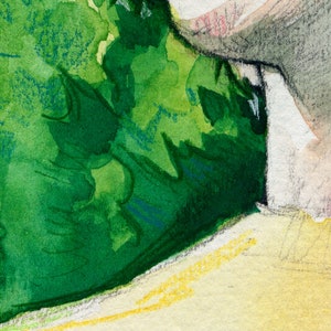 May include: A close-up of a watercolor painting of a green leafy plant with a white and yellow background.