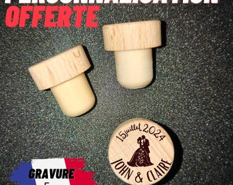 Bouchon de bouteille de vin en bois gravé (personnalisation offerte), Expédition rapide depuis la France, tarifs dégressifs !