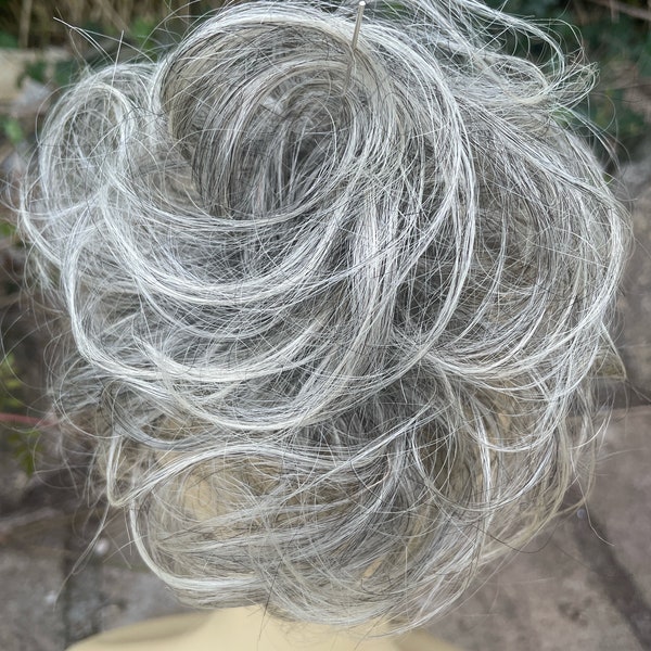 Grey silver salt and pepper human messy hair  with silver white ends small scrunchie (28/03)