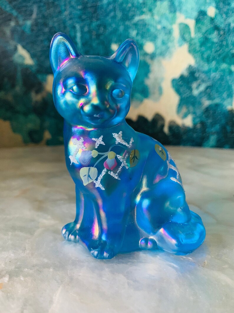 Fenton Carnival Blue Glass Cat Figurine Hand Painted Fenton Etsy