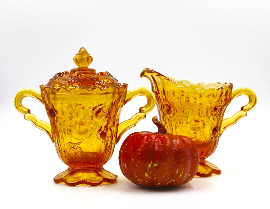 Vintage Amber Footed Glass Sugar Bowl with Lid and Creamer Etsy