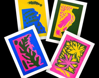 Set van 4 kaarten met risoprint geïnspireerd op mijn tuin