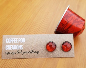 Upcycled Red Stud Earrings, recycled materials, Handmade by Coffee Pod Creations, sustainable fashion, eco friendly gift, gifts for her