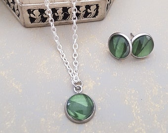 Eco Friendly Stud Earrings and Pendant Necklace on Cotton Cord, Handmade from Green Coffee Pods, Recyled Metal, Eco Friendly Gift Set