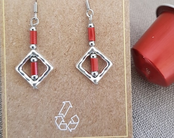 Upcycled Aluminum Earrings, Geometric Dangle Earrings, Silver Red Beads, Original Eco Gift for her, Recycled and Sustainable, Unique Design