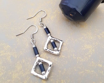 Upcycled blue earrings, dangly silver earrings, handmade with coffee pods, recycled metal, sustainable fashion, gift for her