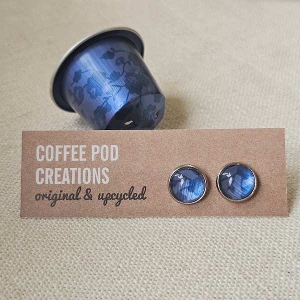 Upcycled Blue Eco-friendly Stud Earrings, Handmade by Coffee Pod Creations, Recycled Metal, Sustainable, Unique Eco Friendly Gift for her