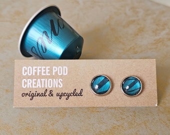Upcycled Blue Stud Earrings, Handmade from Coffee Pods, a Sustainable, Unique Eco-Friendly Gift by Coffee Pod Creations, Original Collection