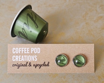 Green Stud Earrings, Recycled Material Handmade by Coffee Pod Creations, Sustainable Fashion, Original Collection, Eco Friendly Gift for Her