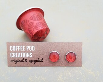 Red Eco-friendly Stud Earrings, Handmade by Coffee Pod Creations, Upcycled Jewellery,  Gift for her, Eco Friendly Gift, World Collection