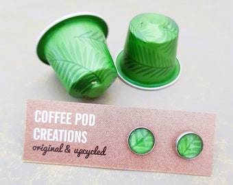 Upcycled Green Stud Earrings, Leaf Pattern, Handmade by Coffee Pod Creations, Recycled Aluminum Metal, Eco-Friendly Sustainable Gift