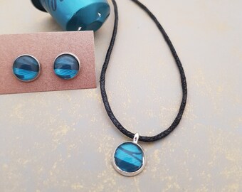 Upcycled Blue Stud Earrings and Pendant on Cotton Cord, Handmade from Blue Coffee Pods, Eco Friendly Sustainable Gift for Her