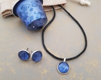 Eco Friendly Blue Stud Earrings and Pendant on Cotton Cord, Upcycled with Coffee Pods, Recycled Metal, Sustainable Unique Gift to Give