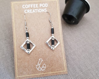 Upcycled Black Earrings, Handmade from Coffee Pods, Geometric Dangle Earrings, Eco Gift for her, Recycled and Sustainable, Original Design