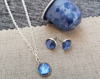 Upcycled Necklace and Earring Gift Set, Handmade from Blue Patterned Coffee Pods, Eco Friendly Sustainable Gift by Coffee Pod Creations