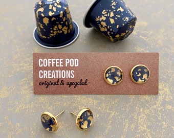 Upcycled Blue Stud Earrings, Handmade with Coffee Pods, Recycled Metal, Gold Post, Eco-Friendly, Sustainable Gift, Gift for her