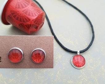 Eco-friendly Red Studs and Pendant on Cotton Cord, Handmade by Coffee Pod Creations, Recycled Materials, Sustainable Fashion, Eco Gift