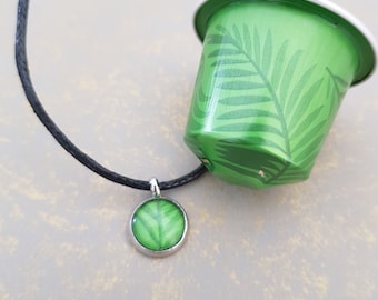 Upcycled Green Leaf Patterned Pendant on Waxed Cotton Cord, Handmade Eco Friendly Gift by Coffee Pod Creations,  Sustainable Style