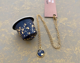Upcycled Navy and Gold Blue Pendant on Gold Chain, Handmade by Coffee Pod Creations, Recycled Metal, Eco Friendly, Unique Gifts for Her