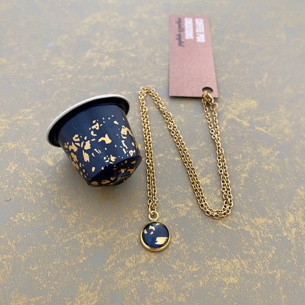 Upcycled Navy and Gold Blue Pendant on Gold Chain, Handmade by Coffee Pod Creations, Recycled Metal, Eco Friendly, Unique Gifts for Her