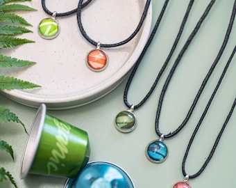 Eco-friendly Handmade Pendant Necklace: Cotton cord, glass and aluminium coffee pods