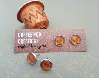 Upcycled Orange Stud Earrings Handmade by Coffee Pod Creations, Geometric design, Sustainable style,  Eco and Original Gift for Her