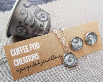 Upcycled Design, Silver Chain Necklace and Earring Set, Handmade from Coffee Pods, Eco Friendly Gift, Sustainable Style, World Collection