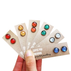 Colorful Coffee Pod Stud Earrings: Upcycled Aluminum, Stainless Steel