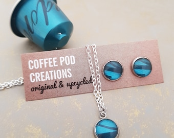 Upcycled Necklace and Earring Gift Set, Handmade from Blue Coffee Pods, Eco Friendly Sustainable Gift for Her by Coffee Pod Creations