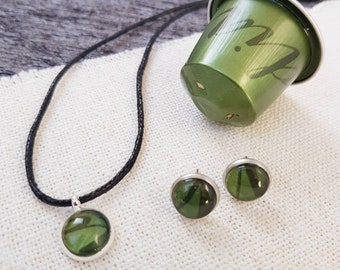 Upcycled Green Stud Earrings and Pendant on cotton cord, Handmade by Coffee Pod Creations , Sustainable, Recycled Metal, Gift for Her