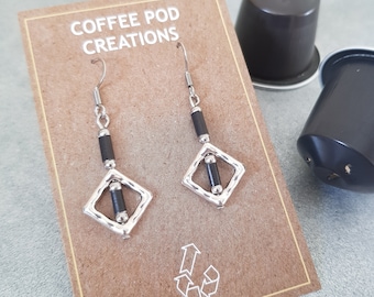Upcycled Aluminum Earrings, Geometric Dangle Earrings, Silver Grey Beads, Original Eco Gift for her, Recycled and Sustainable, Unique Design