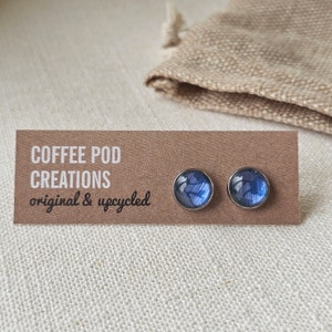 Upcycled Blue Eco-friendly Stud Earrings, Handmade by Coffee Pod Creations, Recycled Metal, Sustainable, Unique Eco Friendly Gift for her