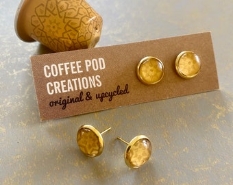 Upcycled Yellow Stud Earrings, Sun and Stars, handmade with Coffee Pods, Recycled Metal, Gold Post, Eco-Friendly, Sustainable, Gift for her