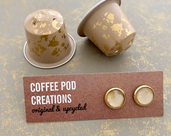 Upcycled Cream Stud Earrings, Handmade with Coffee Pods, Recycled Metal, Gold Post, Eco-Friendly, Sustainable Gift, Gift for her