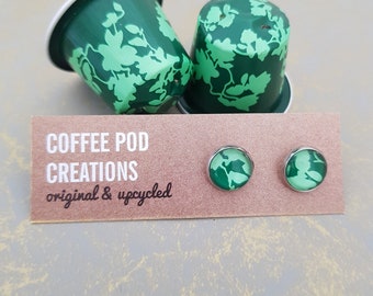 Eco Friendly Green Stud Earrings, Handmade with Coffee Pods, Upcycled Recycled Metal, Stainless Steel Post, Eco-Friendly, Sustainable Gift